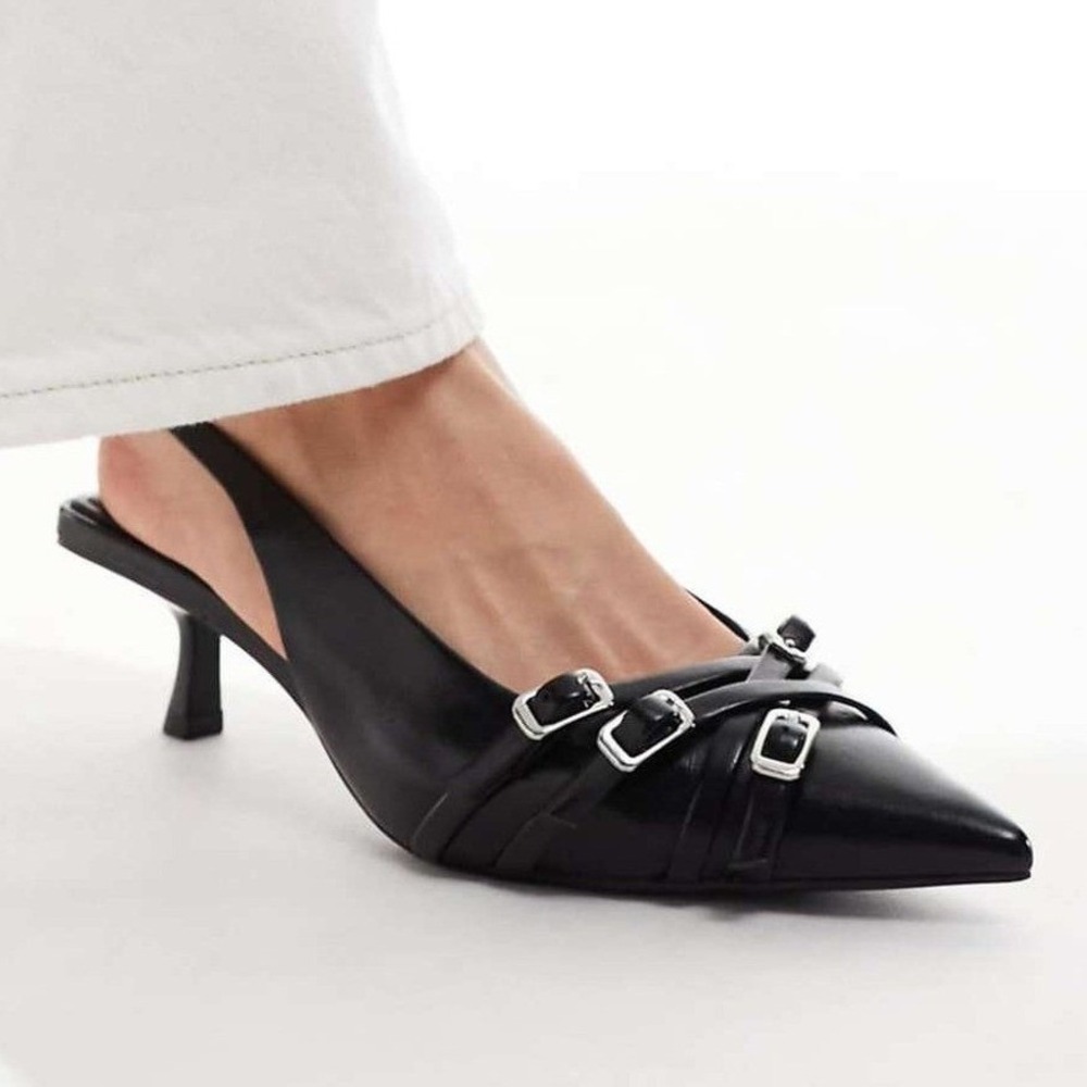 Stradivarius Womens Buckle Slingback Kitten Heels US 7 EU 37 Black Pointed Toe